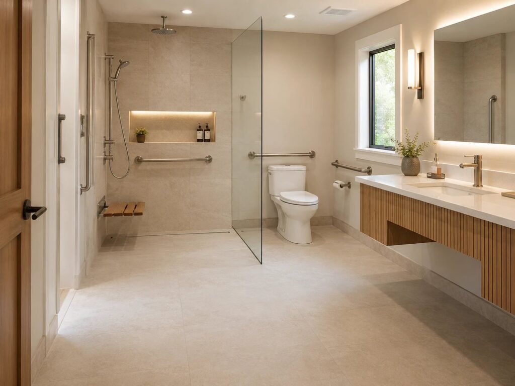Accessible bathroom remodel with a curbless shower, fold-down seat, grab bars, comfort-height toilet and a roll-under floating vanity, Mesa, AZ